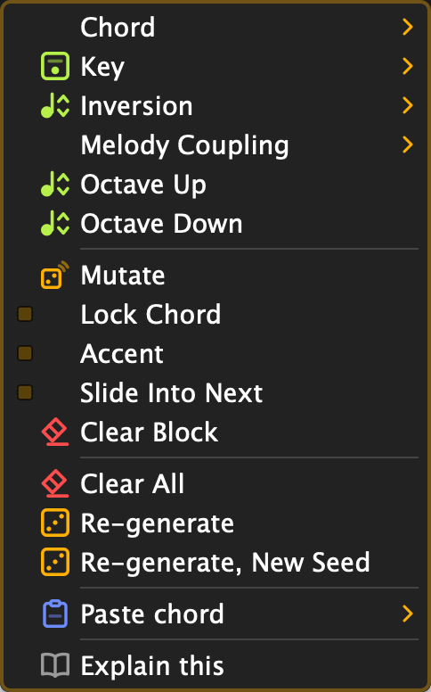 A chord block's context menu