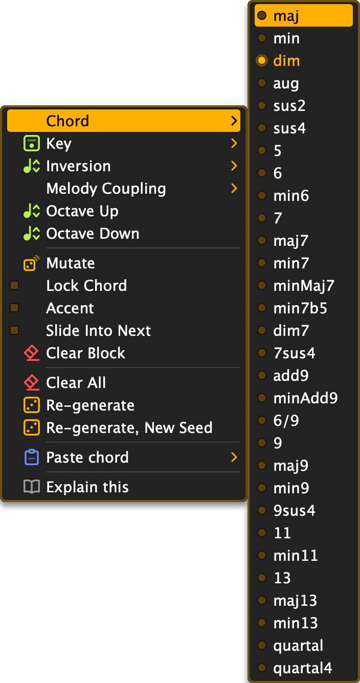 A chord block's Chord submenu