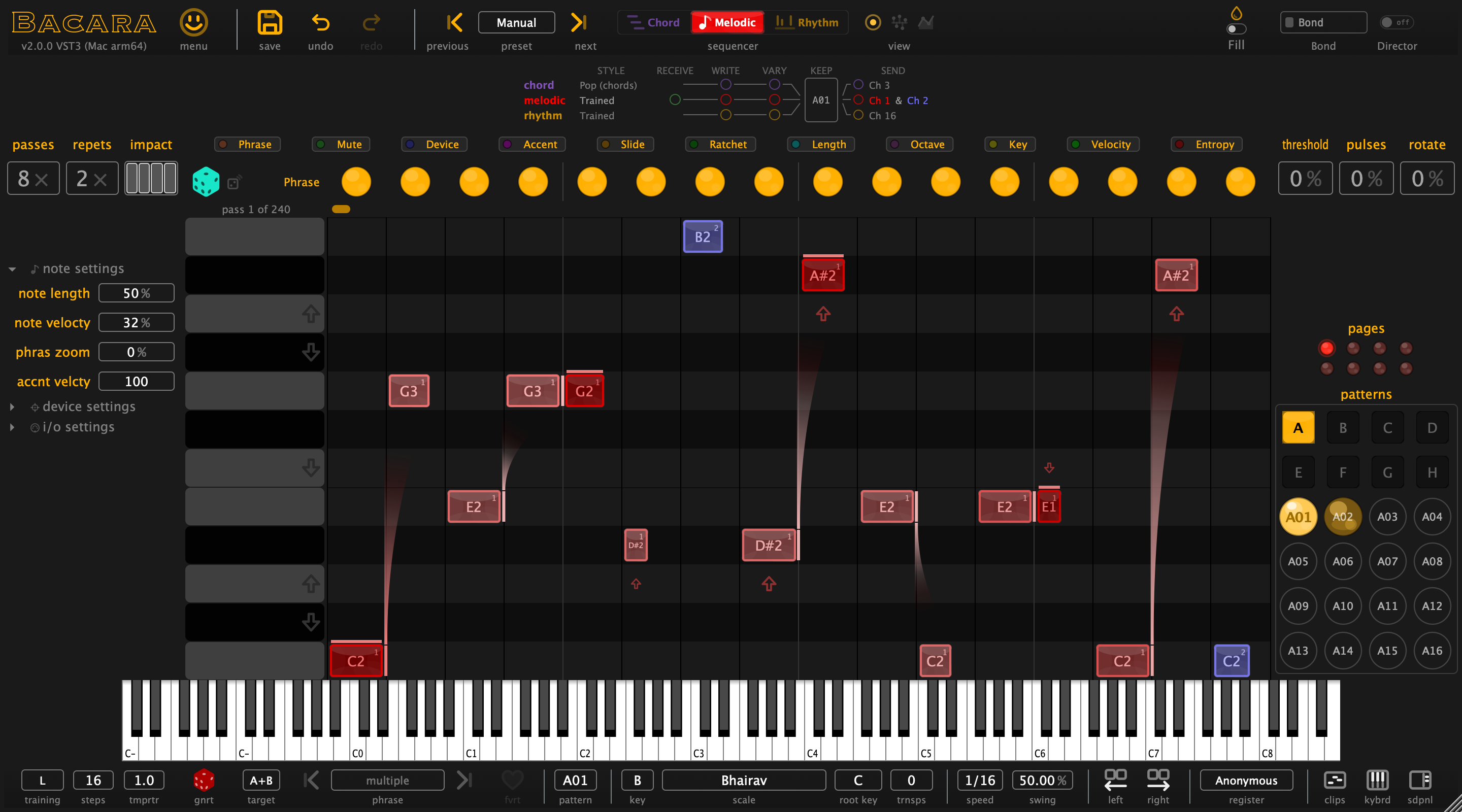 Bacara: the chord, melodic and rhythm sequencers in one window
