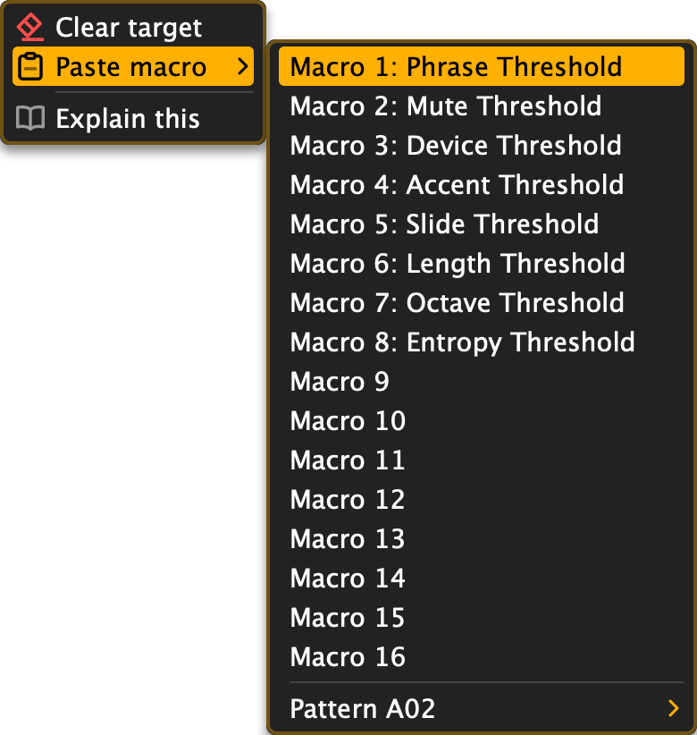 The macro menu's Paste macro submenu
