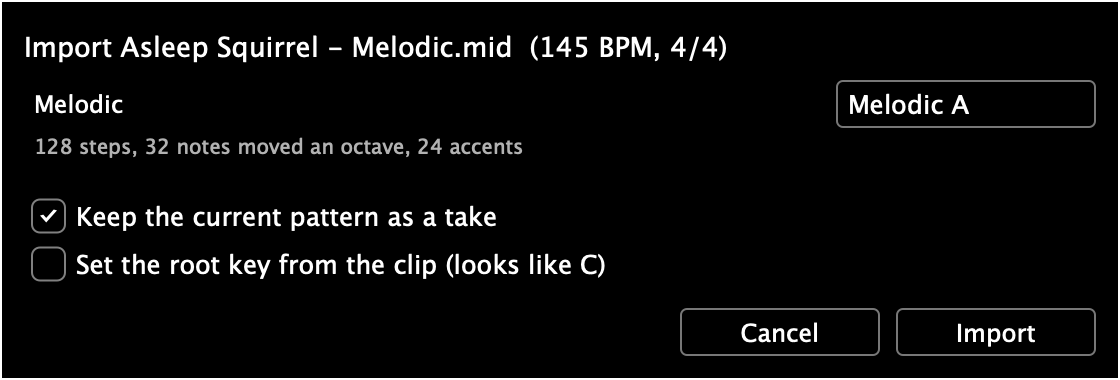 MIDI import dialog