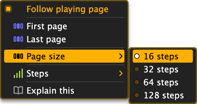 The pager's Page size submenu