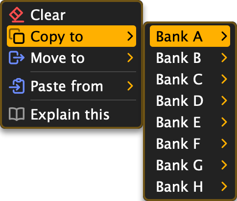 The pattern menu's Copy to submenu