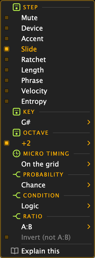 A melodic step's context menu
