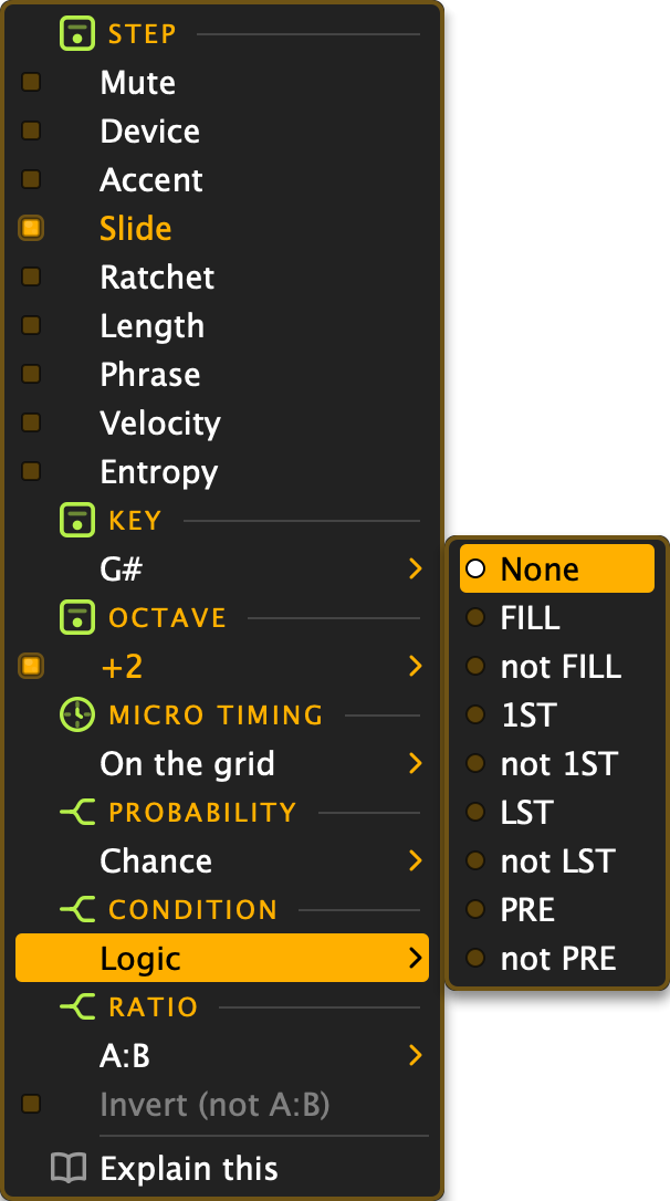 The Logic submenu of a step's context menu