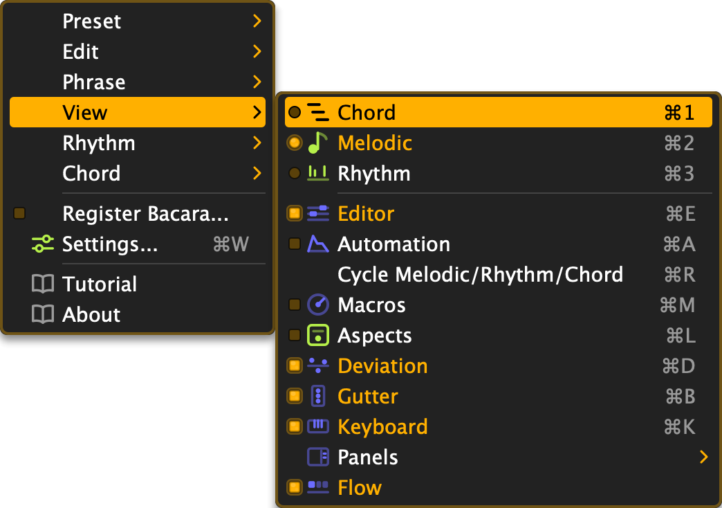The smiley menu's View submenu